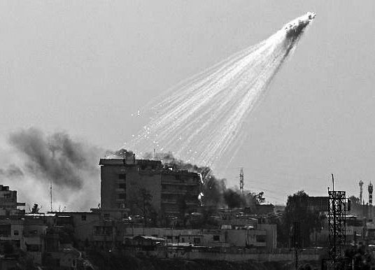 Dedly bone burning white phosphorus is poured down on the city